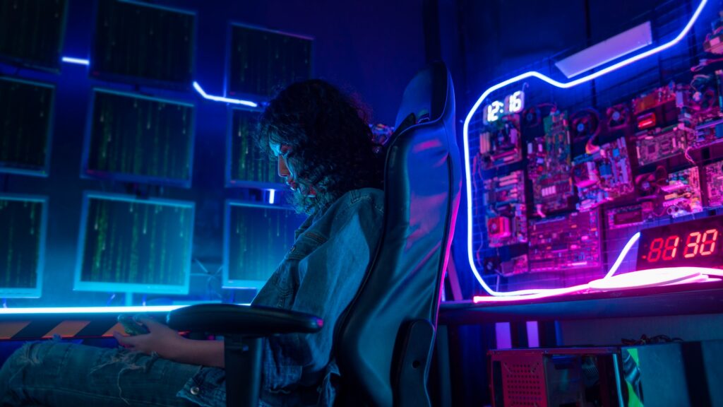 Woman programmer is working in her computer room